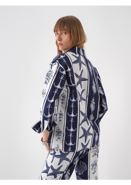 Kadın Lacivert Oversize Keten Gömlek