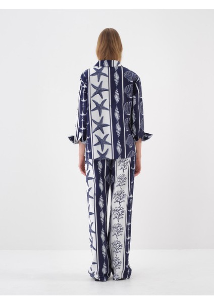 Kadın Lacivert Oversize Keten Gömlek