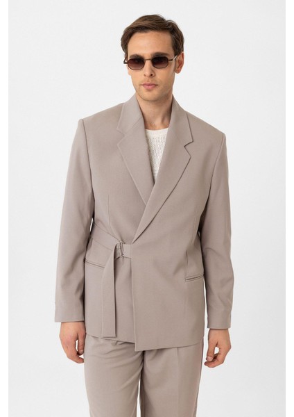 Bej Kuşaklı Relax Fit Erkek Blazer Ceket