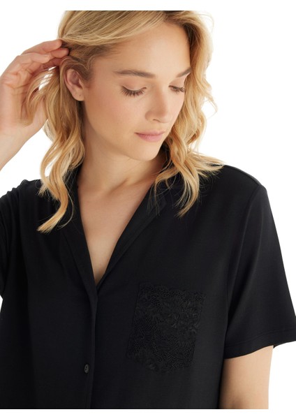 Kadın Kısa Kol Önden Düğmeli Modal Siyah Pijama Takımı C3T0N8O15 modelleri