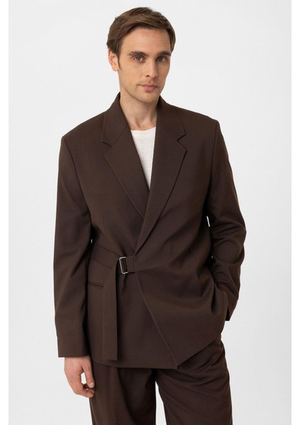 Kahve Kuşaklı Relax Fit Erkek Blazer Ceket