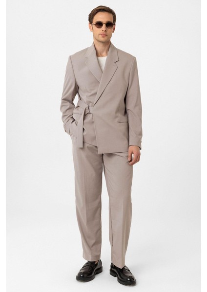 Bej Kuşaklı Relax Fit Erkek Blazer Ceket