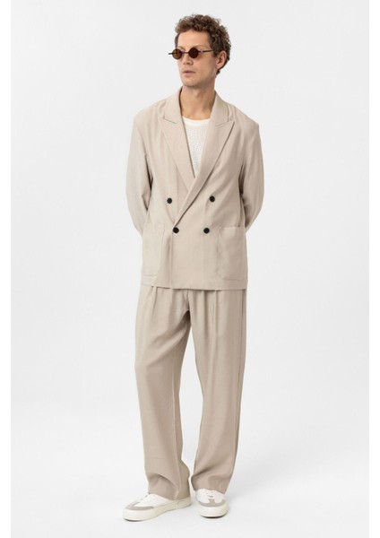 Bej Relax Fit Diagonel Ince Erkek Blazer Ceket