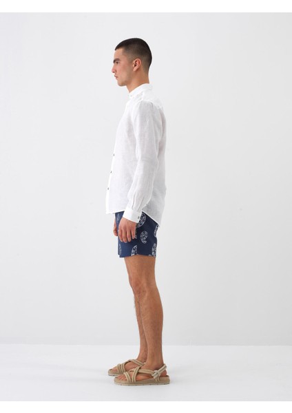 Erkek Beyaz Regular Fit Keten İtalyan Yaka Basic Gömlek modelleri