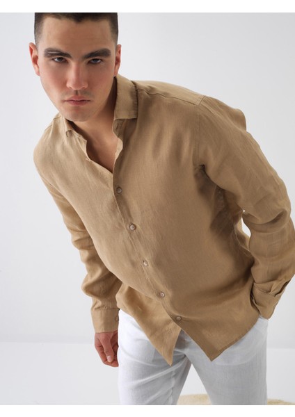 Erkek Camel Regular Fit Keten İtalyan Yaka Basic Gömlek