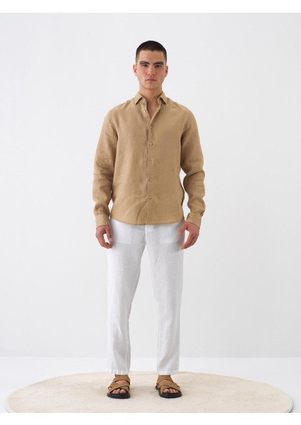 Erkek Camel Regular Fit Keten İtalyan Yaka Basic Gömlek