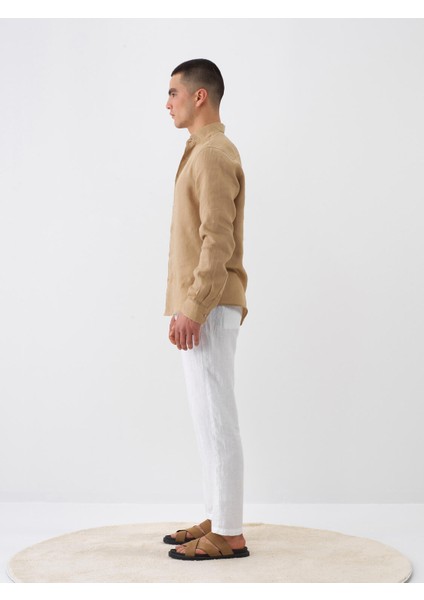 Erkek Camel Regular Fit Keten İtalyan Yaka Basic Gömlek
