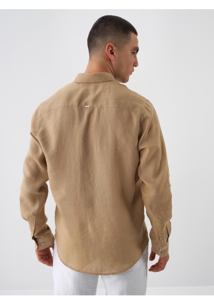 Erkek Camel Regular Fit Keten İtalyan Yaka Basic Gömlek