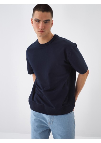Erkek Lacivert Oversize Pamuklu Basic Tişört
