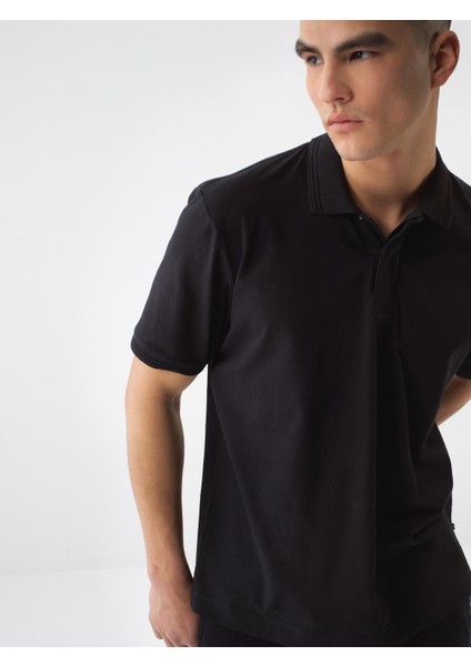 Erkek Siyah Regular Fit Pamuklu Polo Yaka Tişört