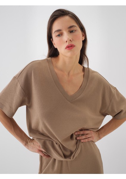 Kadın Camel Oversize Pamuklu Bluz