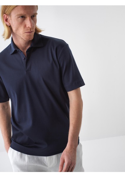 Erkek Lacivert Regular Fit Pamuklu Polo Yaka Basic Tişört