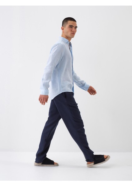 Erkek Mavi Regular Fit Keten İtalyan Yaka Basic Gömlek