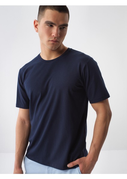 Erkek Lacivert Slim Fit Pamuklu Basic Tişört