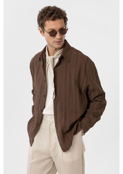 Kahve Dokulu Jakarlı Pamuklu Erkek Gömlek