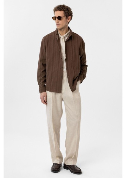 Kahve Dokulu Jakarlı Pamuklu Erkek Gömlek indirimleri