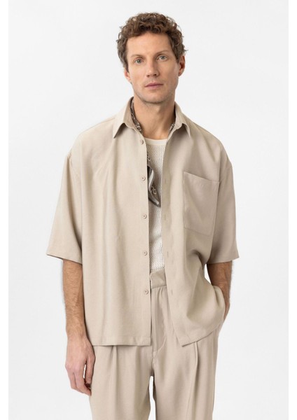 Bej Relaxed Kısa Kollu Erkek Gömlek