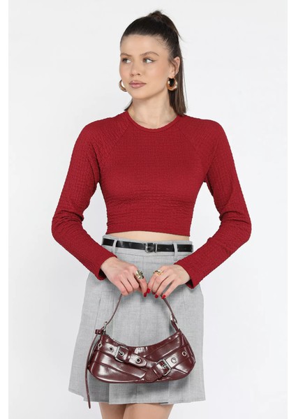 Bel Lastikli ve Bağlamalı Kadın Kabartma Desen Crop Top Bluz