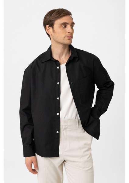 Siyah Pamuklu Relaxed Erkek Gömlek