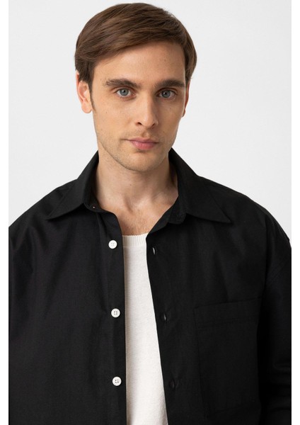 Siyah Pamuklu Relaxed Erkek Gömlek