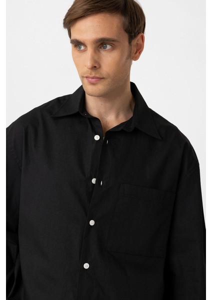 Siyah Pamuklu Relaxed Erkek Gömlek