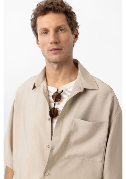 Bej Relaxed Kısa Kollu Erkek Gömlek fırsatları