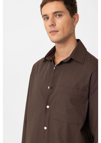 Kahve Pamuklu Relaxed Erkek Gömlek fırsatları
