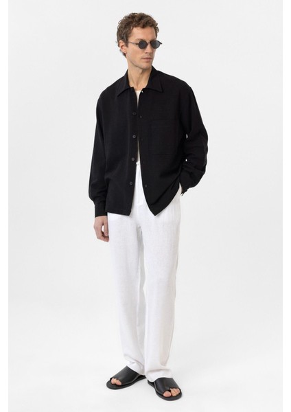 Siyah Keten Karışımlı Relaxed Erkek Gömlek