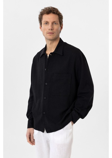 Siyah Keten Karışımlı Relaxed Erkek Gömlek