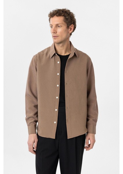 Kahve Modal Kumaş Relax Fit Çizgili Erkek Gömlek fiyatları