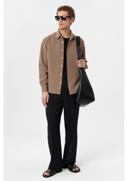 Kahve Modal Kumaş Relax Fit Çizgili Erkek Gömlek modelleri