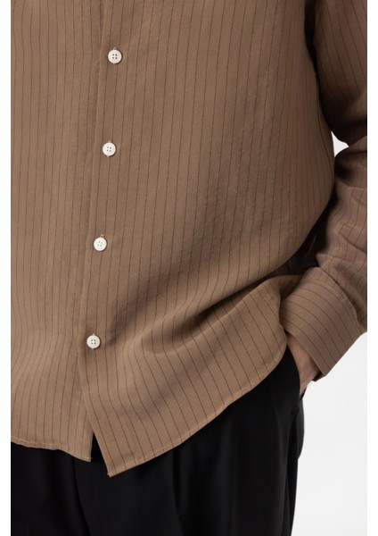 Kahve Modal Kumaş Relax Fit Çizgili Erkek Gömlek fırsatları