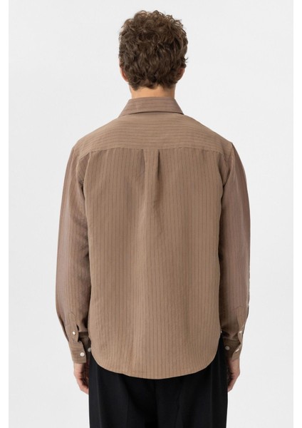 Kahve Modal Kumaş Relax Fit Çizgili Erkek Gömlek indirimleri