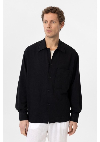 Siyah Keten Karışımlı Relaxed Erkek Gömlek fiyatları
