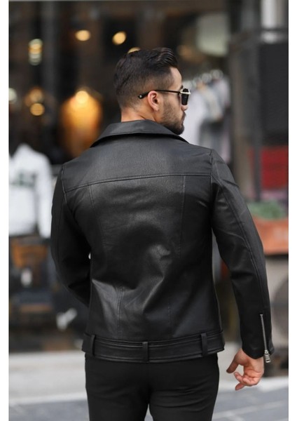 Erkek Biker Kemerli Deri Ceket Siyah modelleri