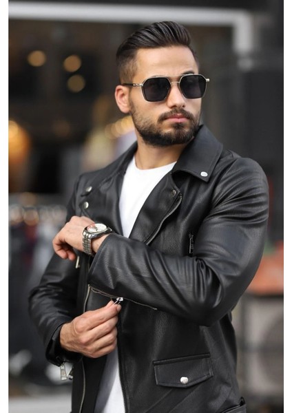 Erkek Biker Kemerli Deri Ceket Siyah indirimleri
