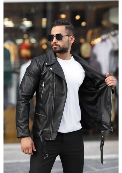Erkek Biker Kemerli Deri Ceket Siyah