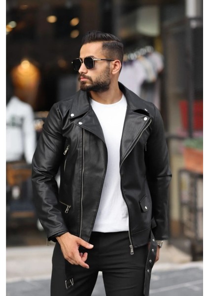 Erkek Biker Kemerli Deri Ceket Siyah