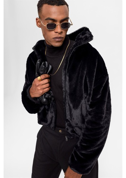 Siyah Erkek Dik Yaka Suni Kürk Mont