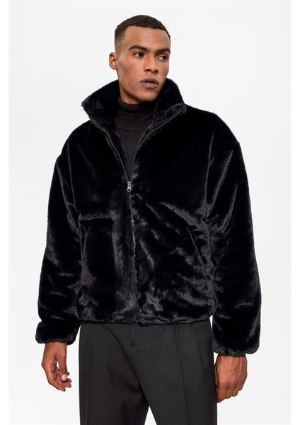 Siyah Erkek Dik Yaka Suni Kürk Mont modelleri