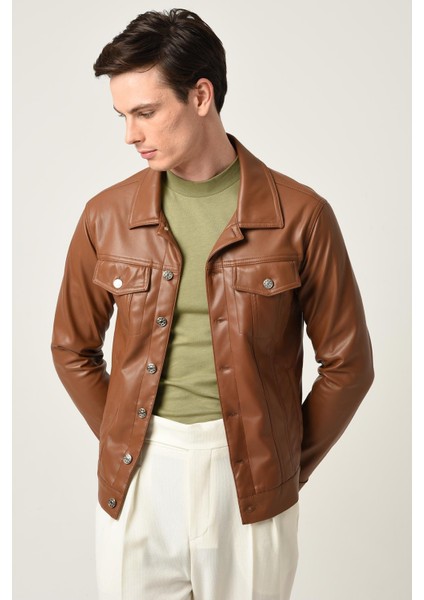 Açık Taba Erkek Slim Fit Düğme Kapamalı Deri Mont