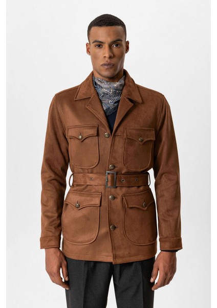 Koyu Kahve Erkek Slim Fit Kemerli Süet Mont