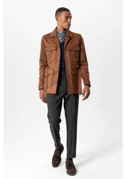 Koyu Kahve Erkek Slim Fit Kemerli Süet Mont