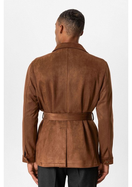 Koyu Kahve Erkek Slim Fit Kemerli Süet Mont
