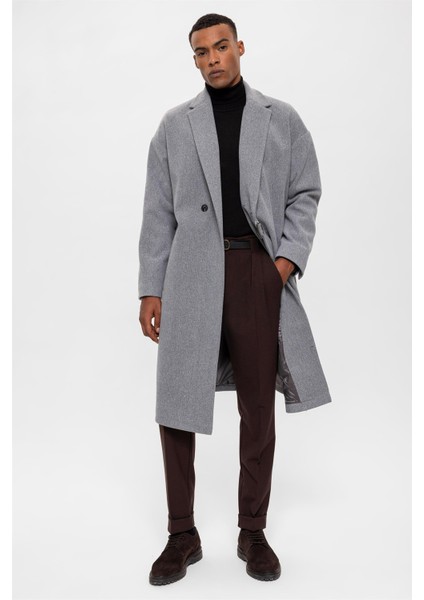 Açık Gri Kuşaklı Oversize Erkek Kaban