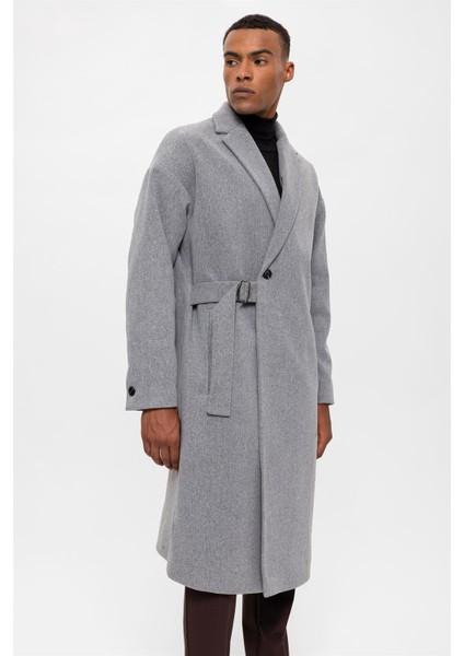 Açık Gri Kuşaklı Oversize Erkek Kaban