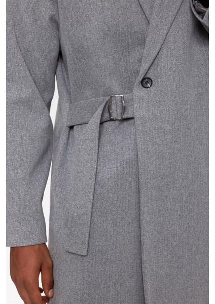 Açık Gri Kuşaklı Oversize Erkek Kaban