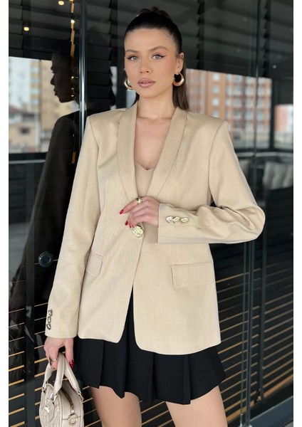 Kadın Düğme Detaylı Kruvaze Yaka Blazer Ceket