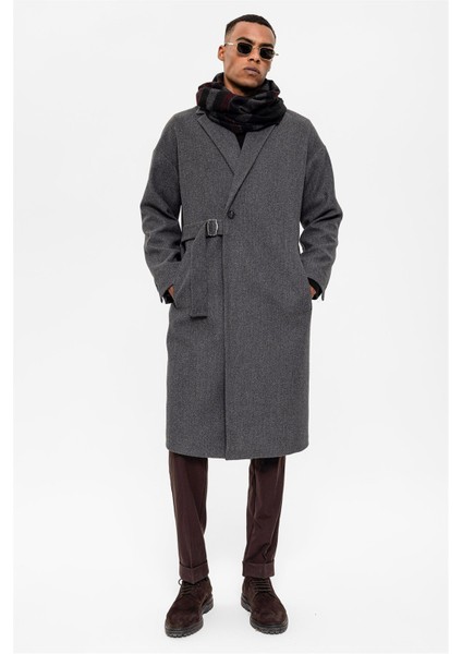 Antrasit Kuşaklı Oversize Erkek Kaban