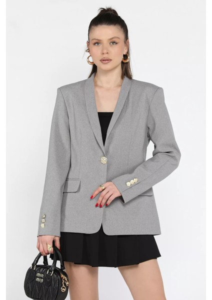 Kadın Düğme Detaylı Kruvaze Yaka Blazer Ceket